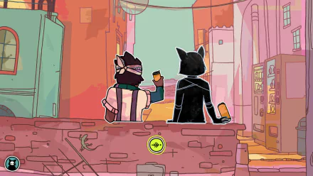 HD wallpaper featuring characters from 'Signs of the Sojourner' game sitting in a vibrant town setting for desktop background.