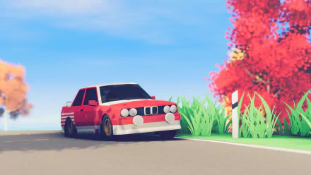 HD Art of Rally game wallpaper featuring a red vintage rally car on a scenic road with colorful trees.