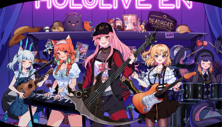 HD PC desktop wallpaper featuring hololive Virtual YouTubers Takanashi Kiara, Ninomae Ina'nis, Watson Amelia, Mori Calliope, and Gawr Gura in an anime band setup.