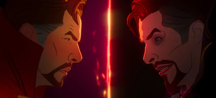 HD PC desktop wallpaper of Doctor Strange from the TV show What If..., two mirrored faces confronting each other across a vertical glowing rift.