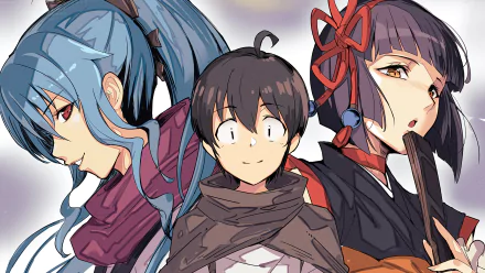 4K Ultra HD wallpaper featuring Makoto Misumi, Tomoe, and Mio from the anime Tsukimichi: Moonlit Fantasy, showcasing vibrant character designs in a detailed style.