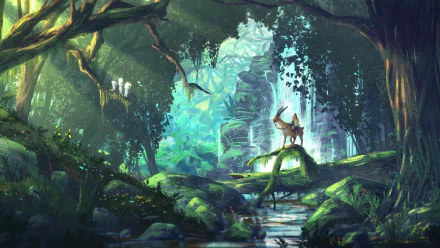 HD desktop wallpaper featuring Ashitaka from the anime Princess Mononoke, standing on a mossy branch in a lush, mystical forest with a waterfall in the background.