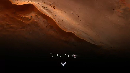 HD desktop wallpaper from the movie Dune (2021) featuring a stunning desert landscape with the title Dune centered at the bottom.