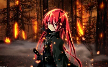 HD desktop wallpaper featuring a character from the anime 'Shakugan No Shana.' The character stands amidst a fiery forest with a determined expression and flowing red hair.