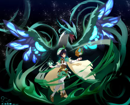 4K Ultra HD wallpaper featuring Venti and the dragon Dvalin from the video game Genshin Impact against a starry night sky.