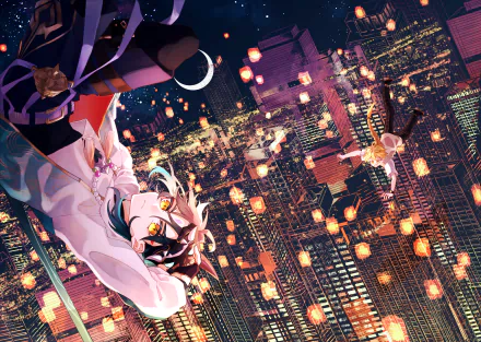 HD PC desktop wallpaper of Xiao and Aether from Genshin Impact amidst glowing Lantern Rite lanterns over a vibrant night cityscape.