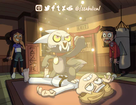 HD desktop wallpaper featuring Luz Noceda and Marco Diaz facing King Clawthorne in a dynamic crossover scene from Star vs. the Forces of Evil and The Owl House.
