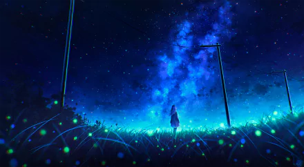 Anime girl stands under a vibrant starry night sky with glowing fireflies, creating a stunning HD PC desktop wallpaper background.