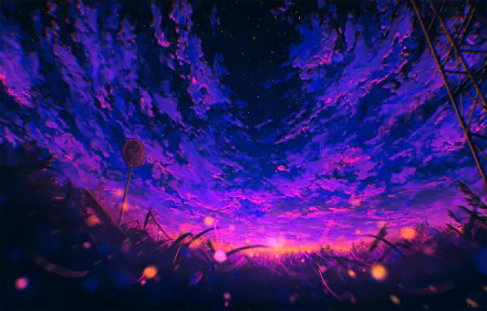 An HD desktop wallpaper and background featuring an anime-style sunset sky bathed in vivid purples and pinks. The foreground includes silhouettes of grass, a sign, and a tower.