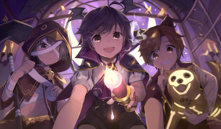 Anime-style Halloween scene featuring three characters, a glowing candle, and a corgi in a pumpkin costume, designed as an HD PC desktop wallpaper background.