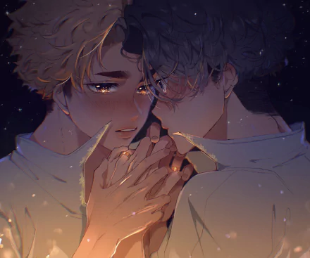 HD PC desktop wallpaper and background of Haikyū!! anime characters Kiyoomi Sakusa and Miya Atsumu, close and tender under a starlit sky, clasping hands with warm, tearful expressions.