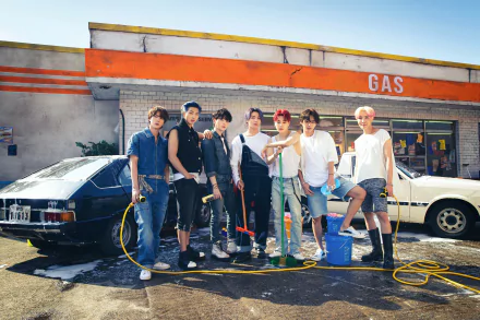 BTS members RM, Suga, Jin, J-Hope, Jimin, V, and Jungkook pose together in front of a gas station, captured in a 4K Ultra HD K-pop music desktop wallpaper.