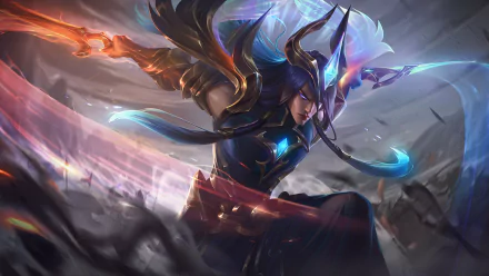 HD PC desktop wallpaper featuring Yone from the video game League of Legends in dynamic action, showcasing his dual swords and spectral energy.