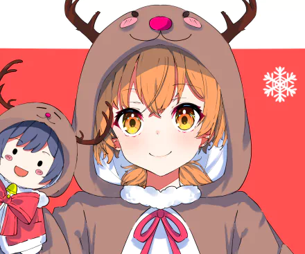 HD PC desktop anime wallpaper of Touko Nanami and Yuu Koito from Bloom Into You — Touko in a reindeer hoodie smiling, holding a chibi Yuu on a red background with a white snowflake.