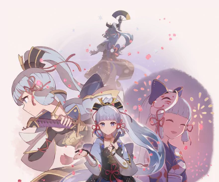 4K Ultra HD PC desktop wallpaper featuring Kamisato Ayaka from the video game Genshin Impact, showcasing her in dynamic and elegant poses with soft floral accents.