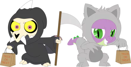 HD desktop wallpaper featuring King Clawthorne from The Owl House and Spike from My Little Pony: Friendship Is Magic in Halloween costumes, blending both TV show styles.