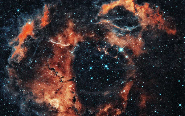 Sci‑Fi nebula of glowing orange gas clouds and teal stars against deep space, dramatic swirls and voids — 8K Ultra HD PC desktop wallpaper and background.