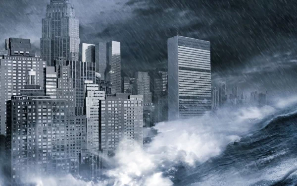 A dramatic apocalyptic scene with towering skyscrapers engulfed by turbulent waves and dark storm clouds, creating a striking sci-fi atmosphere in HD resolution.