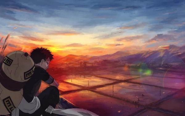 HD anime wallpaper of Gaara from Naruto, sitting thoughtfully overlooking a vibrant sunset landscape with rivers and mountains, designed for PC desktops.