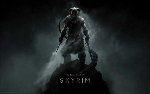HD desktop wallpaper of The Elder Scrolls V: Skyrim, featuring a silhouetted figure in armor standing heroically against a smoky background.