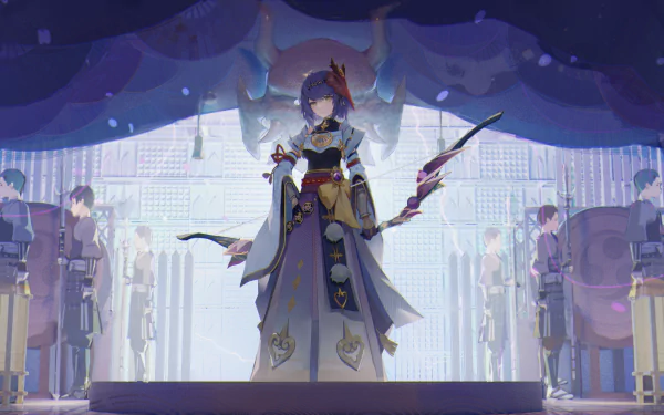 Kujou Sara from Genshin Impact stands confidently in a detailed 4K Ultra HD video game scene, surrounded by shadowed figures in a dramatic setting.