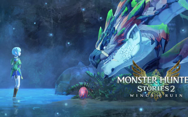 HD desktop wallpaper featuring a scene from Monster Hunter Stories 2: Wings of Ruin with a mystical dragon and character in a serene, fantasy setting.