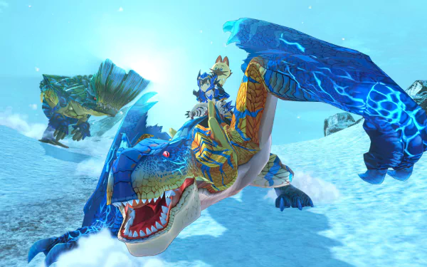 HD wallpaper of Monster Hunter Stories 2: Wings of Ruin featuring dynamic battle scene with vibrant monster and character in snowy landscape.
