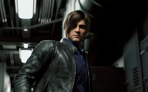 HD wallpaper featuring Leon S. Kennedy from the TV show Resident Evil: Infinite Darkness, showcasing a dramatic pose in a shadowy, industrial setting.