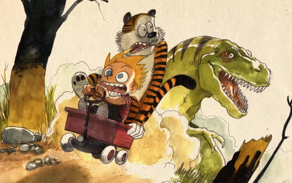 HD PC desktop wallpaper featuring Calvin and Hobbes from the comic, with Calvin driving a wagon and Hobbes chasing a roaring T-Rex in a dynamic, adventurous scene.