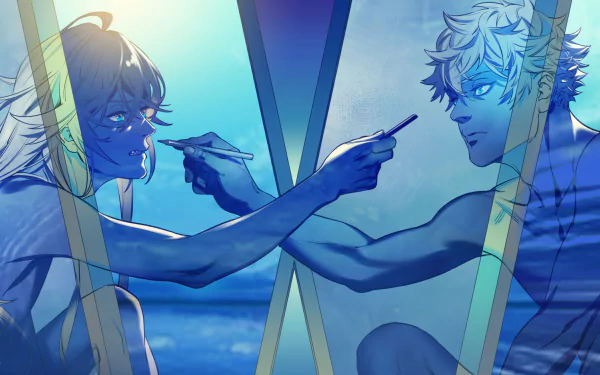 HD anime desktop wallpaper featuring Yatora Yaguchi and Ryuuji Ayukawa from Blue Period, depicted in a reflective, artistic scene with cool blue tones.