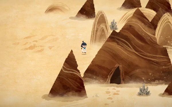 HD desktop wallpaper featuring Carto game art with a character exploring a stylized desert landscape with sand dunes and cacti.