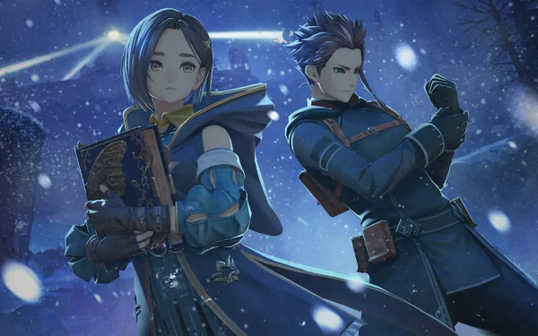 HD wallpaper from Tales of Arise featuring two characters, a female with a book and a male in a combat stance, under a starry sky.