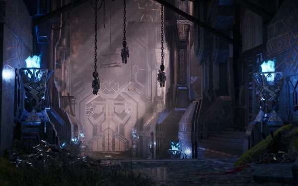 HD wallpaper of Dungeons & Dragons: Dark Alliance with a mysterious doorway and ambient lighting.