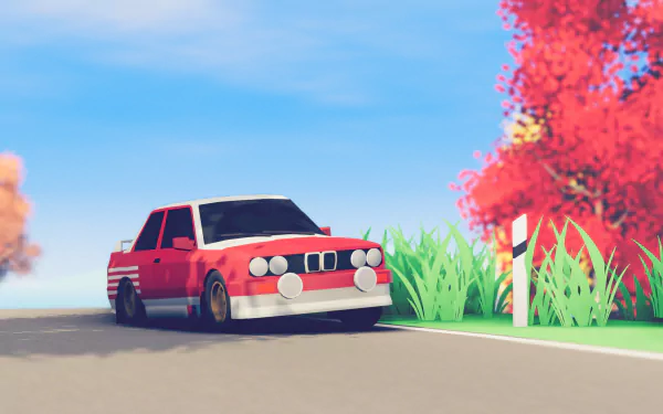 HD Art of Rally game wallpaper featuring a red vintage rally car on a scenic road with colorful trees.
