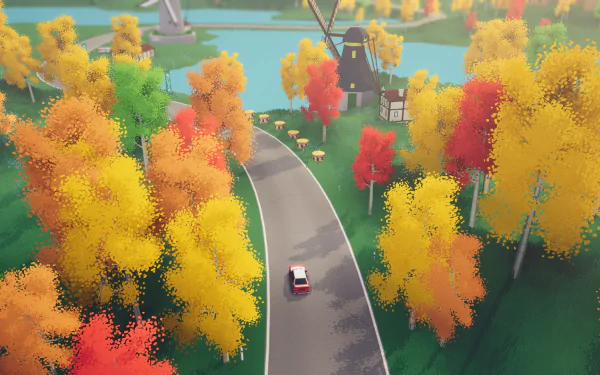HD desktop wallpaper of Art of Rally game featuring a rally car driving on a curvy road surrounded by colorful autumn trees.