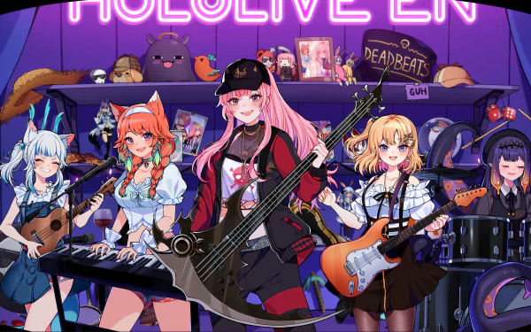 HD PC desktop wallpaper featuring hololive Virtual YouTubers Takanashi Kiara, Ninomae Ina'nis, Watson Amelia, Mori Calliope, and Gawr Gura in an anime band setup.