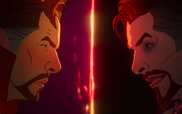 HD PC desktop wallpaper of Doctor Strange from the TV show What If..., two mirrored faces confronting each other across a vertical glowing rift.