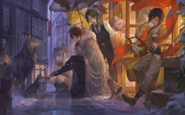 HD desktop wallpaper featuring Genshin Impact characters Qiqi, Ganyu, Zhongli, Xiao, and Venti. The scene is set in a snow-covered street at night with warm light emanating from a nearby building.
