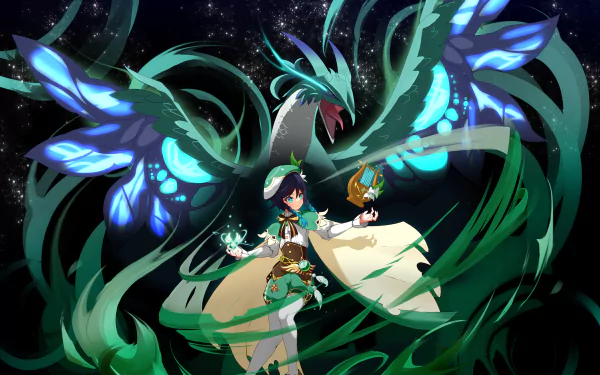 4K Ultra HD wallpaper featuring Venti and the dragon Dvalin from the video game Genshin Impact against a starry night sky.