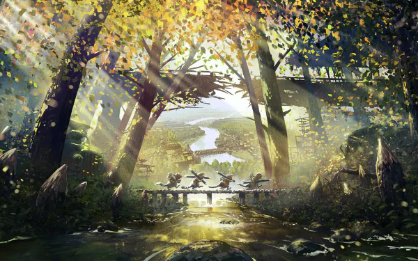 HD desktop wallpaper of Timberborn game depicting a serene forest landscape with beavers and a river.
