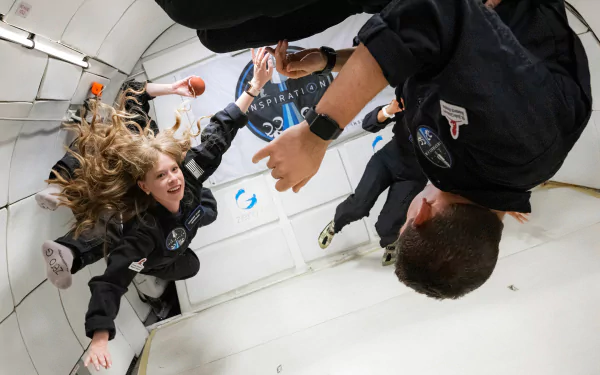 HD wallpaper featuring Inspiration4 crew members experiencing weightlessness in a simulated zero-gravity environment.