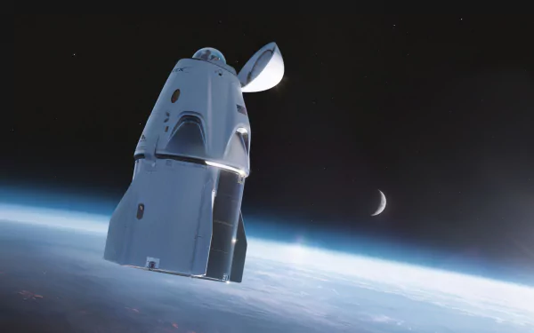 HD desktop wallpaper of Inspiration4 spacecraft in Earth orbit with crescent moon in the background.