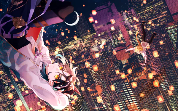 HD PC desktop wallpaper of Xiao and Aether from Genshin Impact amidst glowing Lantern Rite lanterns over a vibrant night cityscape.