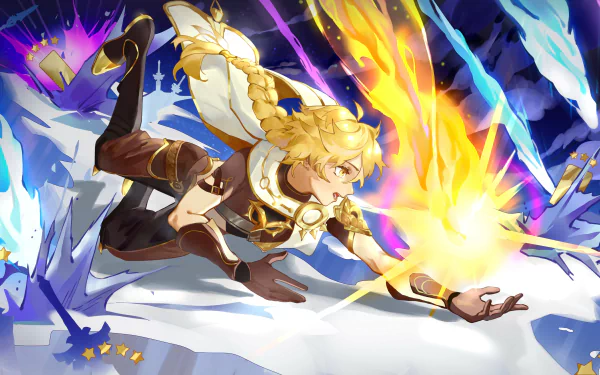 Aether from Genshin Impact unleashes elemental powers in a dynamic 4K Ultra HD video game wallpaper for PC desktops.