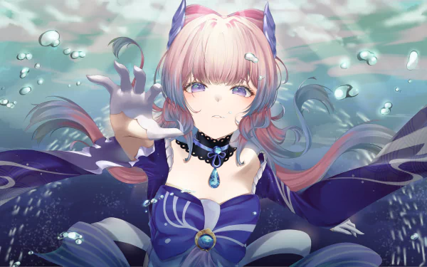 4K Ultra HD PC wallpaper of Sangonomiya Kokomi from the video game Genshin Impact, featuring her reaching forward with water and bubbles surrounding her.