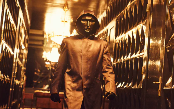 A 4K Ultra HD PC desktop wallpaper featuring a masked guard from the TV show Squid Game walking down a dimly lit, metallic corridor.