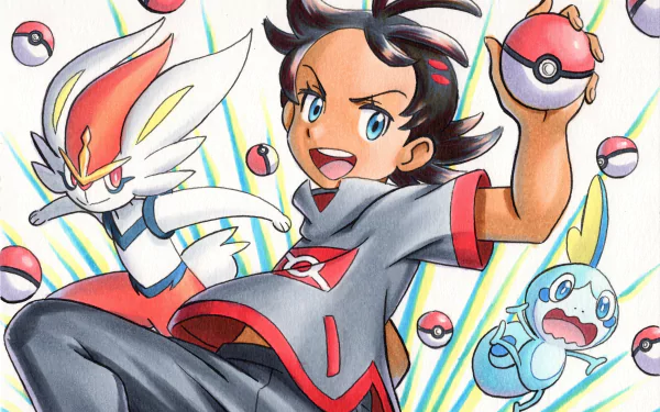 HD PC wallpaper featuring Goh from Pokémon holding a Pokéball, with Cinderace and Sobble alongside him in vibrant anime style.