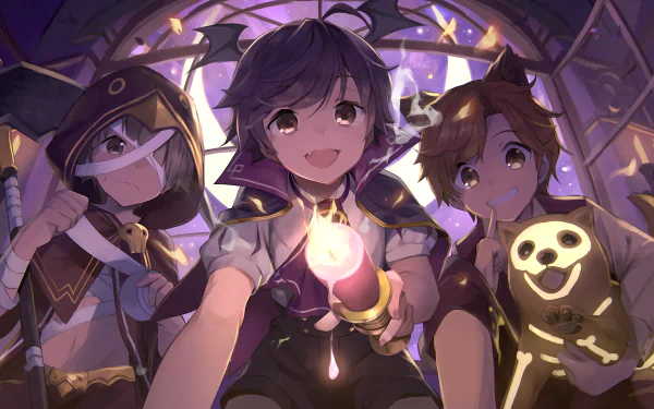 Anime-style Halloween scene featuring three characters, a glowing candle, and a corgi in a pumpkin costume, designed as an HD PC desktop wallpaper background.