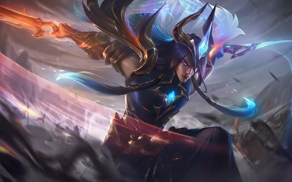 HD PC desktop wallpaper featuring Yone from the video game League of Legends in dynamic action, showcasing his dual swords and spectral energy.