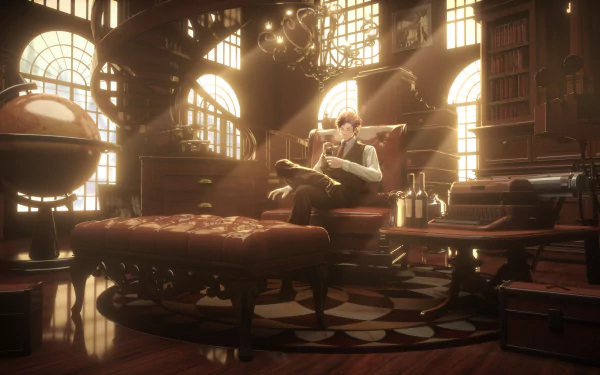 Anime boy reading in a sunlit, vintage library filled with books and globes, rendered in 4K Ultra HD for a PC desktop wallpaper and background.